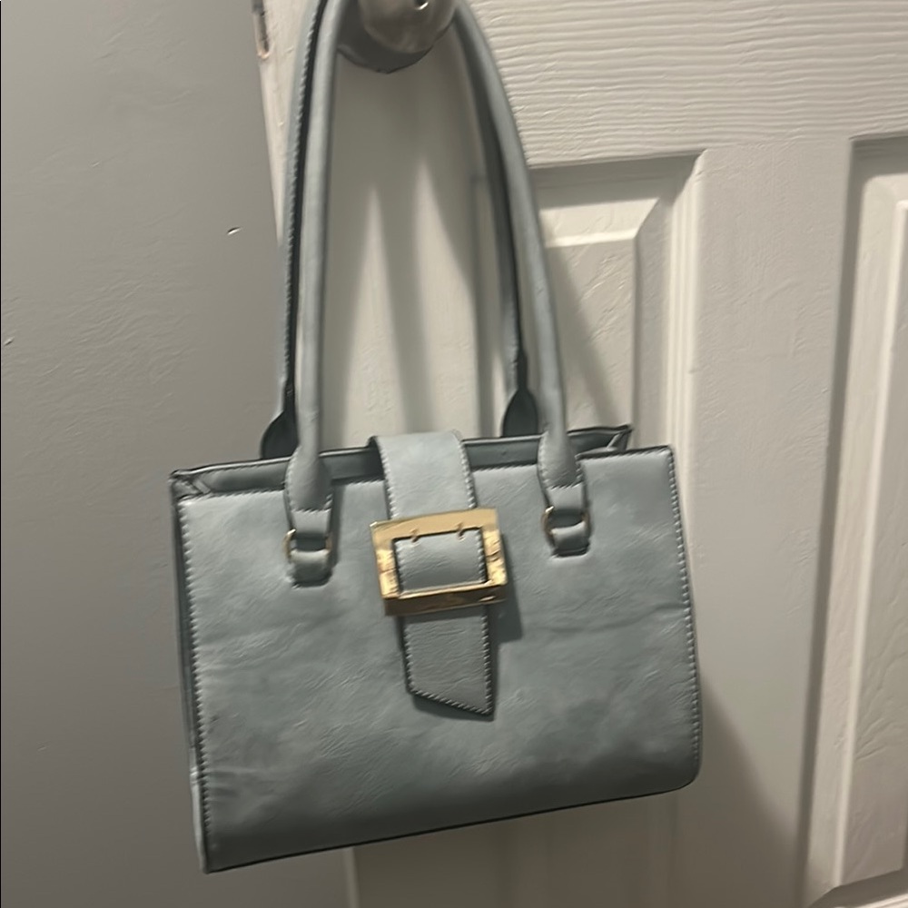 Elegant Gray Handbag with Gold Buckle
